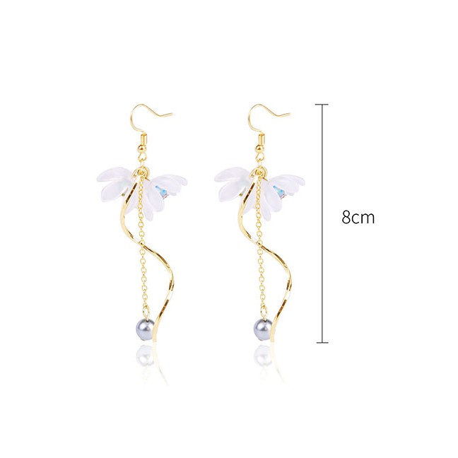 LRC Anting Gantung Fashion White Lily Flower Fringed Pearl Long Earrings D96518