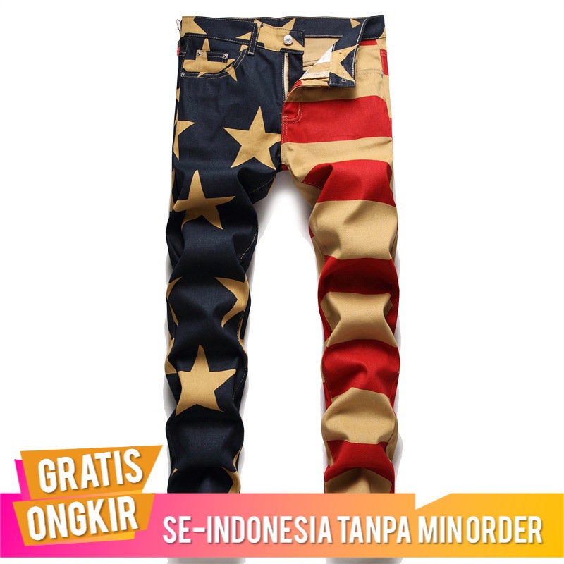 Punk Pria Jeans Denim Bercetak Celana Cone Pinggang Tengah Kasual 3274