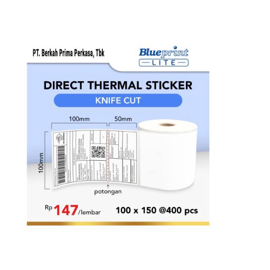 

Direct Thermal Sticker barcode Label resi blueprint Lite 100x150 mm 1 line 400pcs roll knife cut perforasi Gap 3mm