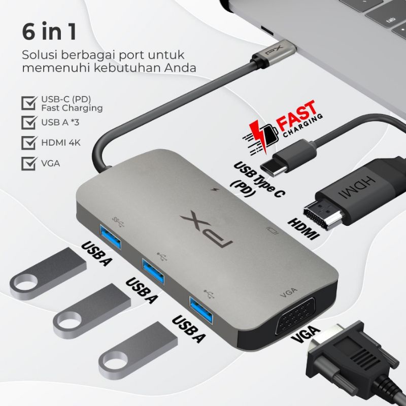 USB 3.1 Type C 6in1 HDMI 4K VGA USB 3.0 Hub Converter PX UCH60