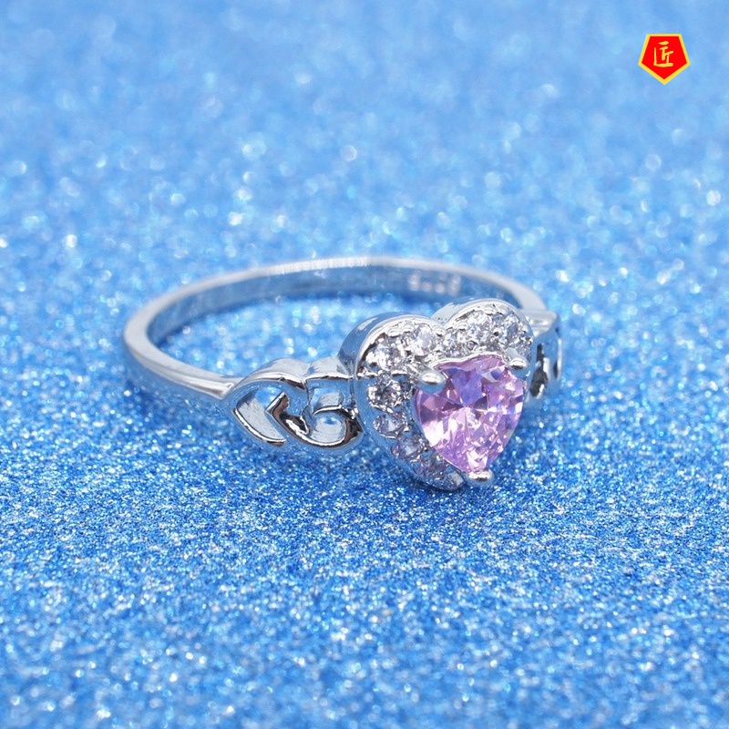 [Ready Stock]Korean Style Fashion Popular Heart-Shaped Pink Crystal Ring