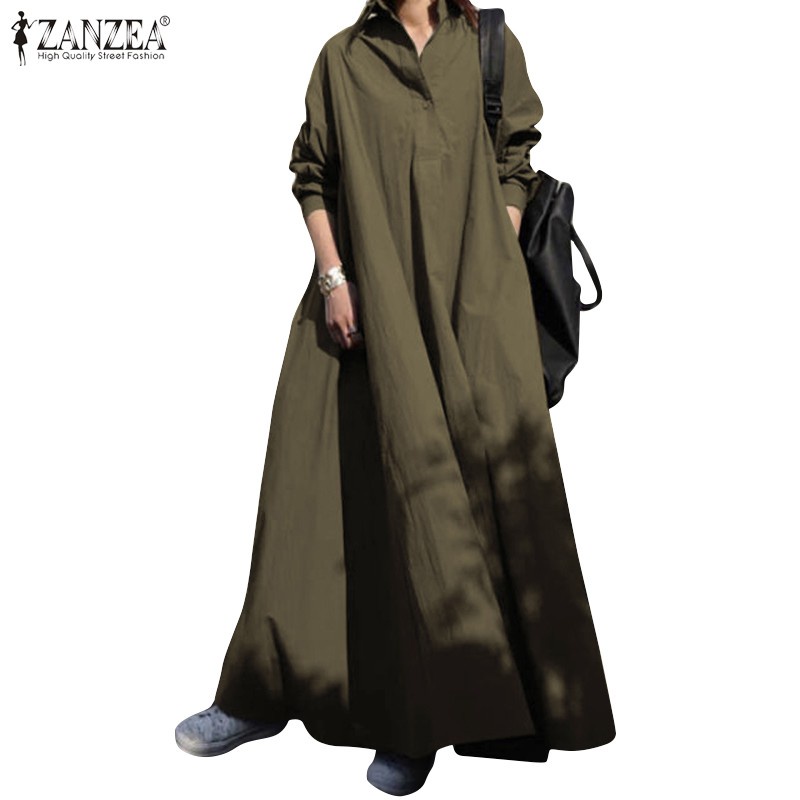 ZANZEA Women Casual Full Sleeve Retro Side Pockets Solid Long Dress