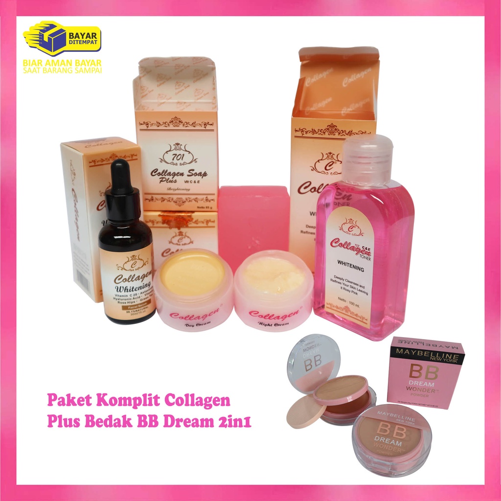 Paket Komplit Cream Collagen Original Lengkap Plus Bedak BB Dream 2in1 ( Cream Siang &amp; Malam, Sabun, Toner,Serum, Bedak BB Dream 2in1)