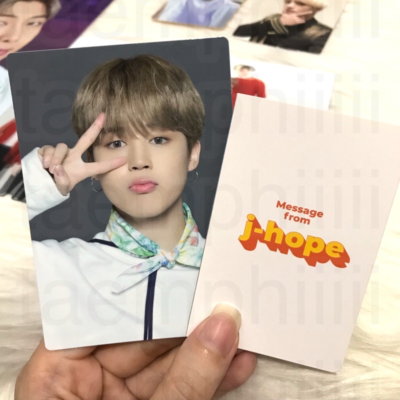 mpc sowoozoo jimin 6/8 + mc hobi, postcard sowoozoo namjoon, memorial tag sys taehyung