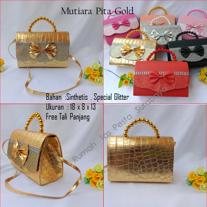 Tas Kekinian,Tas Satin,Tas Clutch,Mutiara Pita_Gold