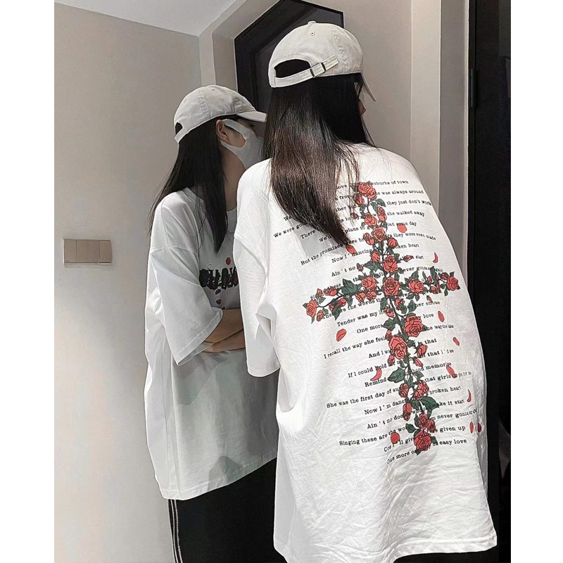 EUNII T-shirt Lengan Pendek Retro Mawar Menyeberang Pencetakan Longgar Korean Style/Kaos Atasan Wanita/Baju Kaus Oversize Wanita