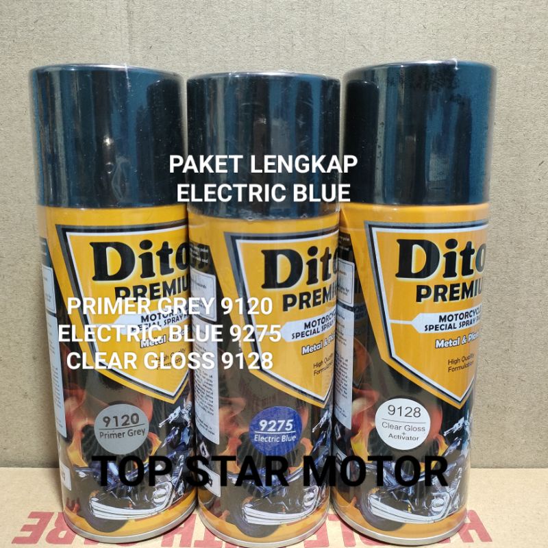 Pilok Paket Lengkap Cat Diton Premium Primer Grey 9120 Electric Blue 9275 Clear Gloss 9128 400cc.. Pilok Paketan Electric Blue Cat Semprot Diton Premium 400cc