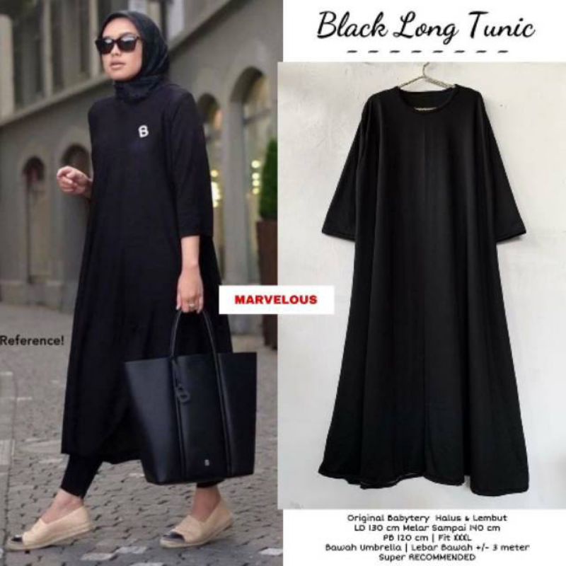 BLACK LONG TUNIK BY MARVELOUS / TUNIK HITAM WANITA MUSLIMAH / Long tunik polos Ld jumbo