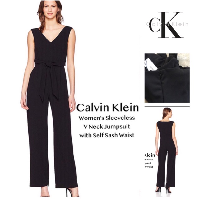 (J308) Calvin klein women sleeveless v neck jumpsuit with slef sash waist and Zip back