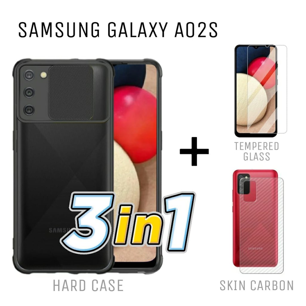 Case Samsung A02S Paket 3in1 Hard Case Fusion Sliding Free Tempered Glass Layar dan Skin Carbon