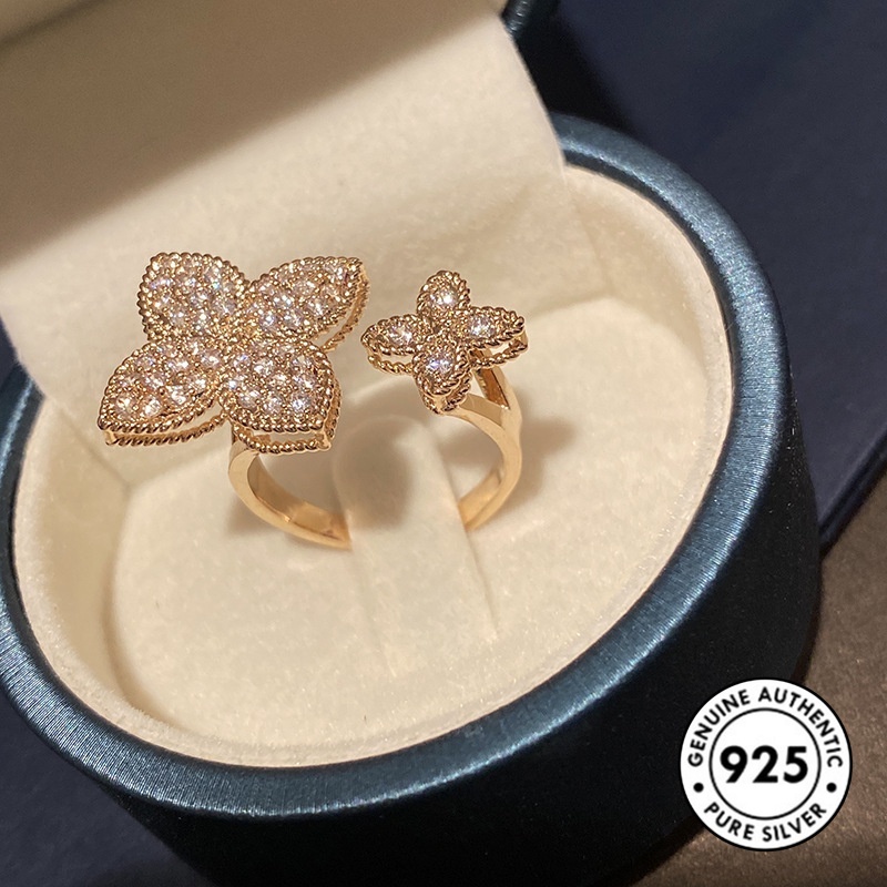 Cincin Sterling Silver 925 Desain Clover Hias Berlian Imitasi Elegan Untuk Wanita