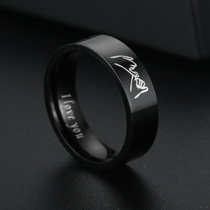 Cincin Titanium Steel Motif Ukiran Tangan I Love You Untuk Pria / Wanita