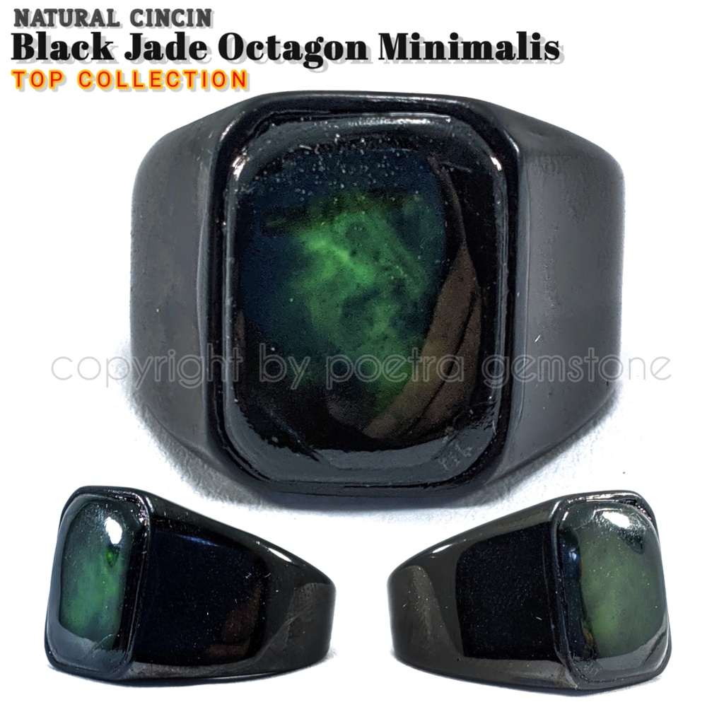 CINCIN BATU AKIK NATURAL BLACK JADE ACEH RING TITANIUM HITAM OCTAGON MAKIN BERGAYA