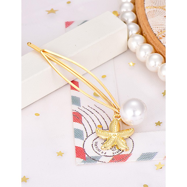 LRC Jepit Rambut Fashion Gold Pearl Five-pointed Star Hairpin F39360