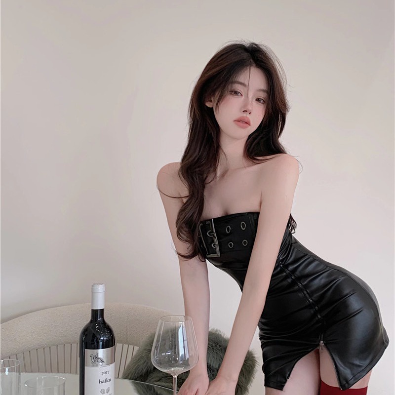 Gaya Korea Gaun Seksi Tube Top Rok Kulit Backless Hitam Satu Bahu Ritsleting Tas Celah Hip Gaun Wani