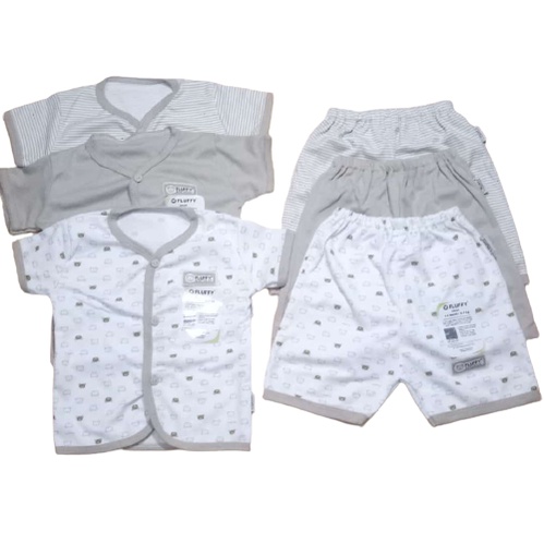 3 Setel Baju Pendek Fluffy S Kancing Depan Celana Pendek Kotak Bayi Laki Perempuan 3-6 bulan Abu / K