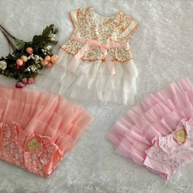 Baju Dress Pendek Bayi Perempuan Bunga Tile Pita