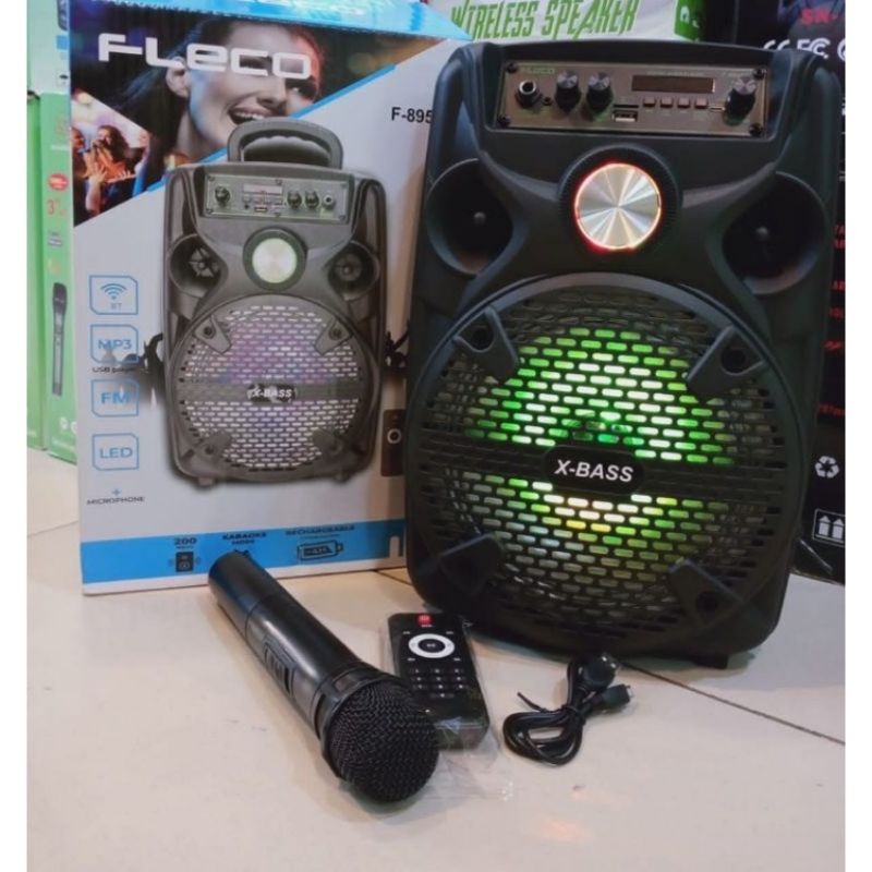 Speaker Bluetooth Fleco F8606M/F8606H/F8606G Bonus Microphone Wireless/Salon Aktif Portable Mic Wireless/Speaker Aktif 8,5Inchi Super Bass Radio Fm