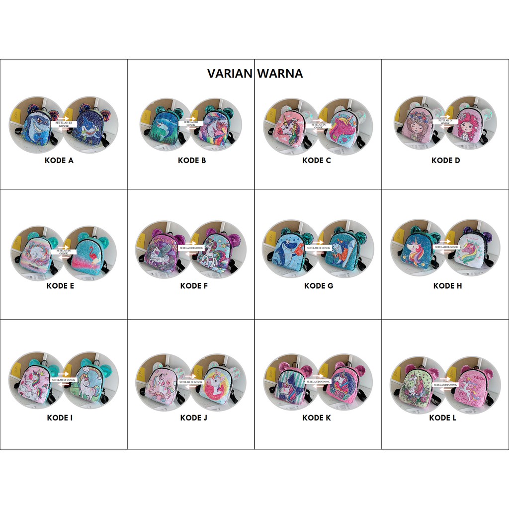 ELFYDO ELF1400 Tas Ransel Anak Sequin Glitter Karakter Unicorn Telinga Beruang