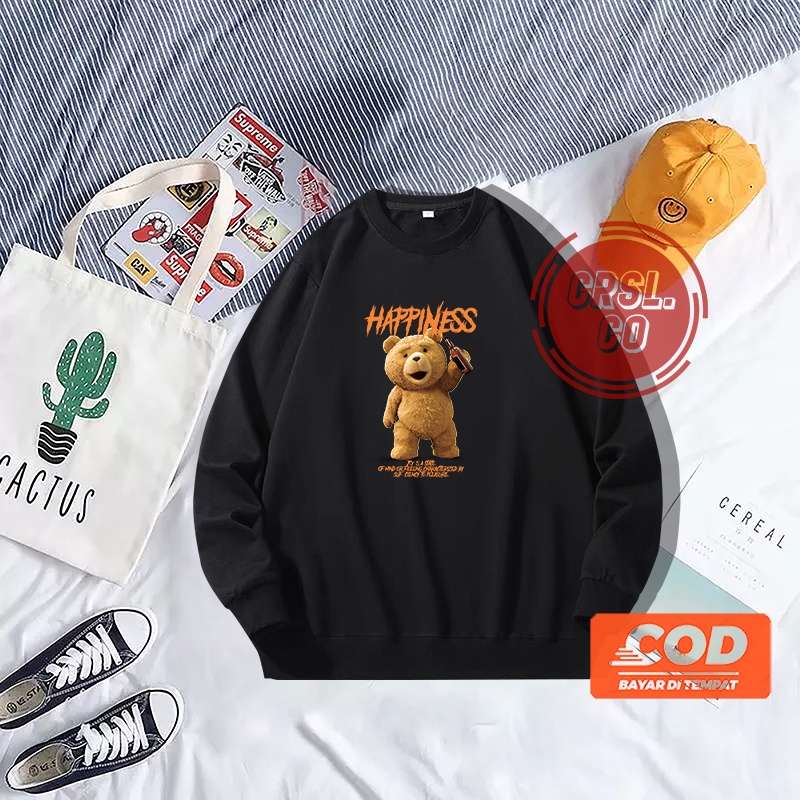 HOODIE SWEATER CREWNECK TEDDY BEAR HYAPPINESS CREAM KUALITAS DISTRO CASUAL MURAH TEBAL NYAMAN DI PAKAI COD