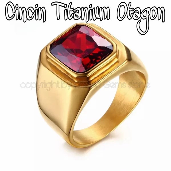 Cincin Titanium Pria Red Ruby Square Gold Premium Quality