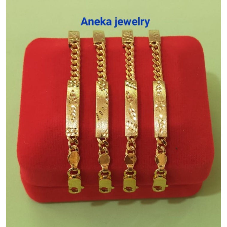 Gelang Anak Plat Ukir, Perak 925, Sepuh Emss Kuning