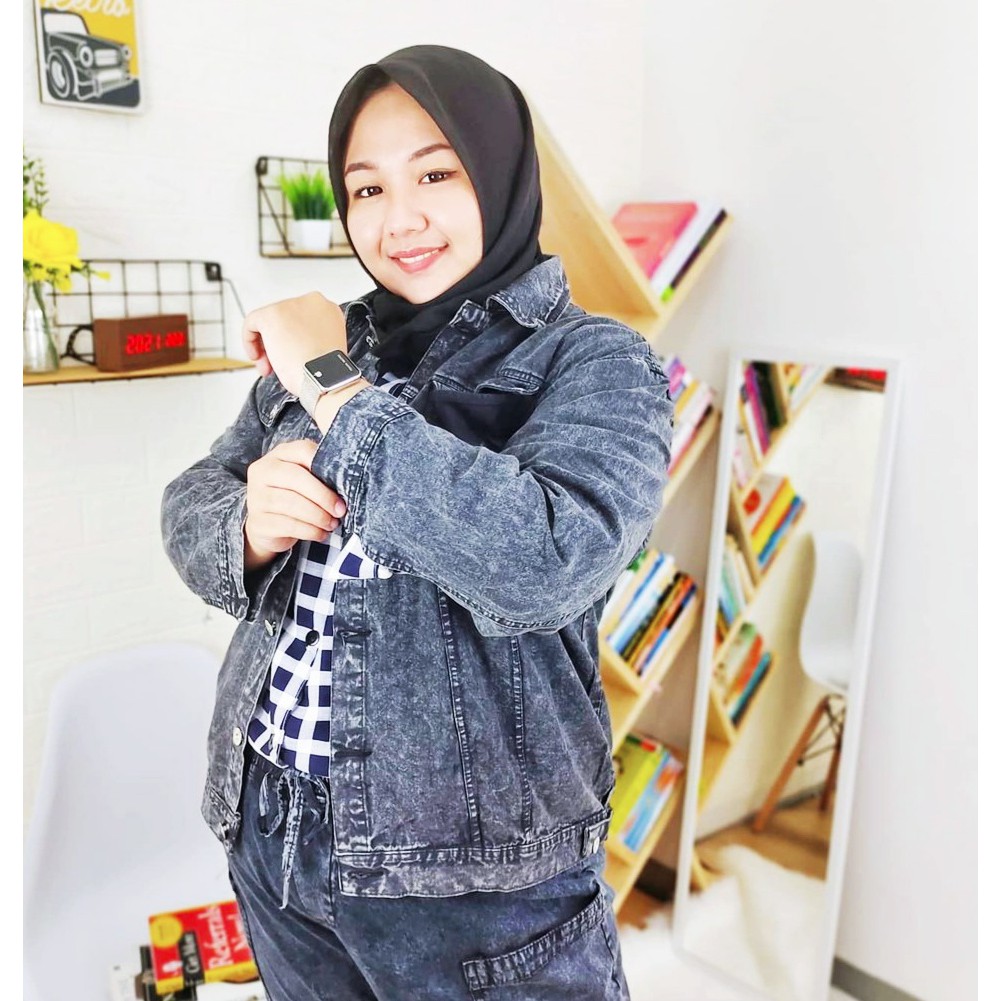 JAKET JEANS CROP WANITA JUMBO-JAKET JEANS SNOW UKURAN BESAR.