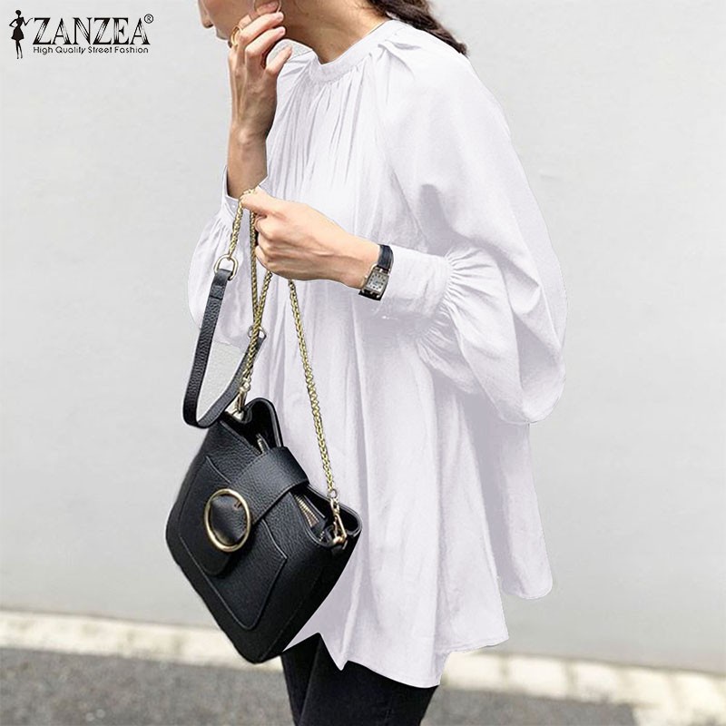 ZANZEA Women Vintage Solid Color Collared Puff Sleeve Blouse