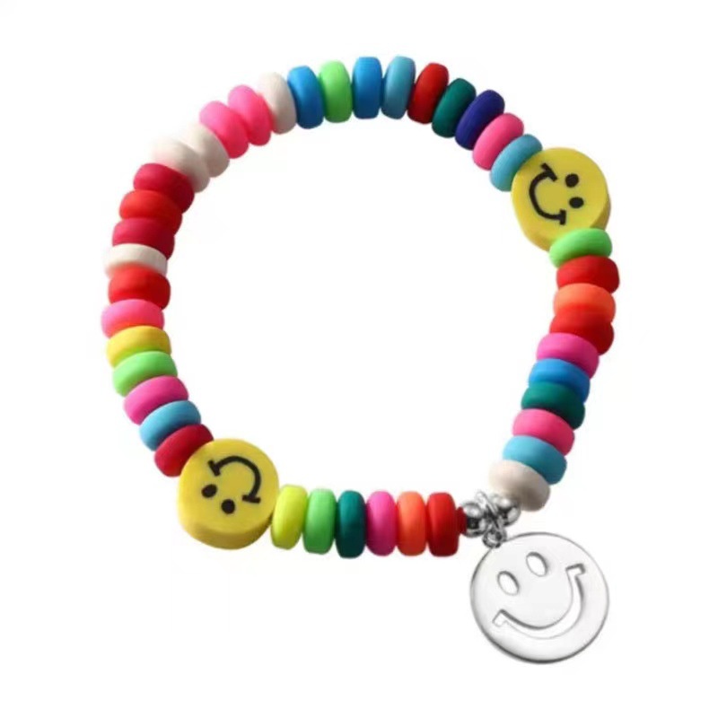 Gelang Tangan Manik-Manik Stretch Aksen Smiley Face Warna Pelangi Untuk Wanita