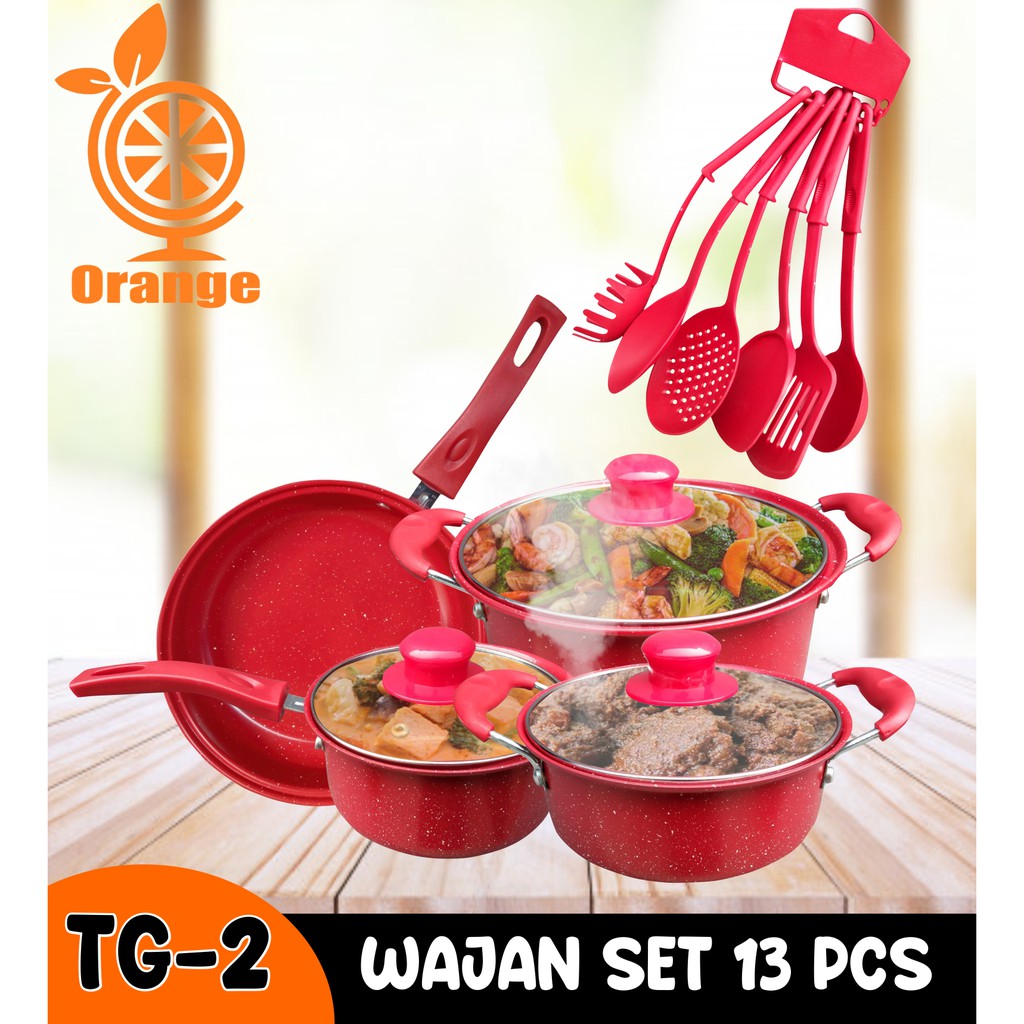 Panci Set Teflon Marble 13 Pcs Cookware Set Tutup Kaca Merk Orange