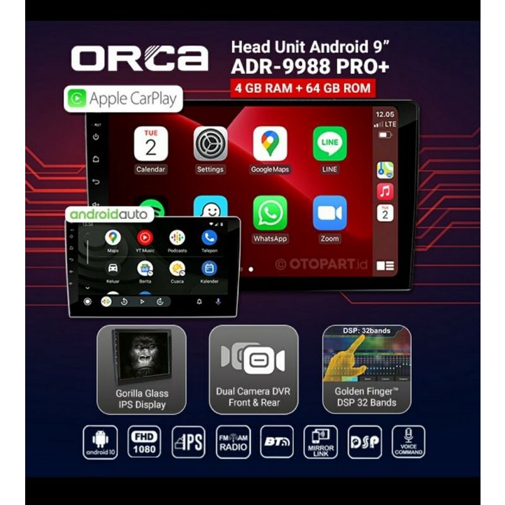 Head unit orca pro plus ADR 9988 - android orca pro+ 9 inch - orca Apple car play android auto