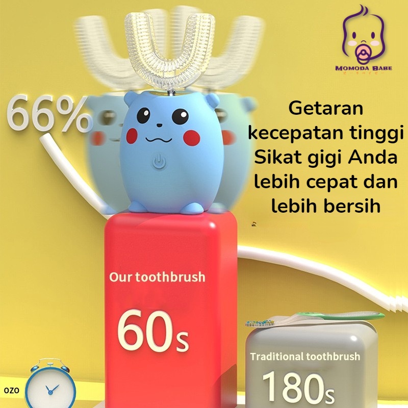 MOMO Sikat Gigi Elektrik Anak Pikachu Lucu LED UV-Lampu Antibakteri Anit Air  Baterai Isi Ulang Gratis Piala Obat Kumur