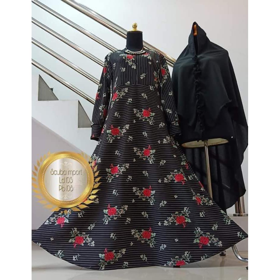 Gamis Syar'i Hitam Salur Motif Bunga Set Khimar Scuba Import Busui Friendly