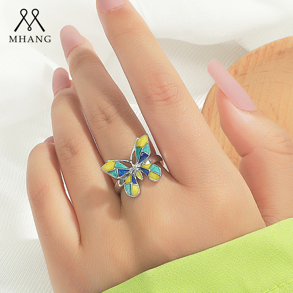 【MHANG】Cincin Kupu-kupu Tiga Dimensi Warna Retro Modis Cincin Wanita Logam Yang Dapat Disesuaikan Dengan Pembukaan Sederhana