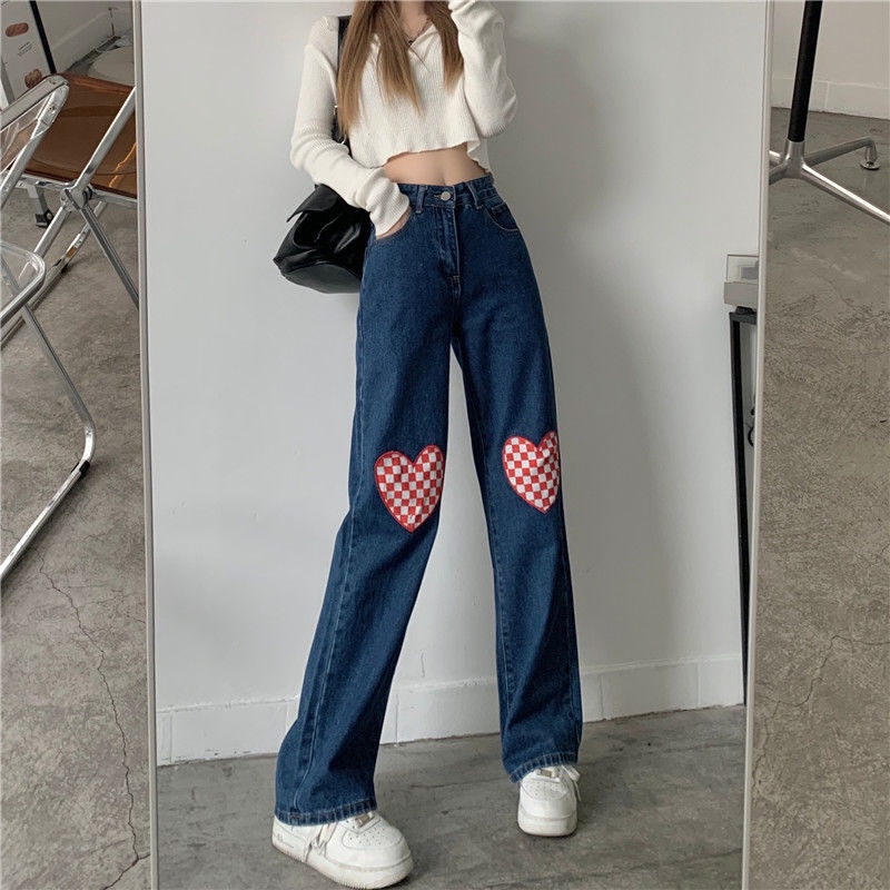 New high waist biru love korean style kulot celana jeans panjang wanita