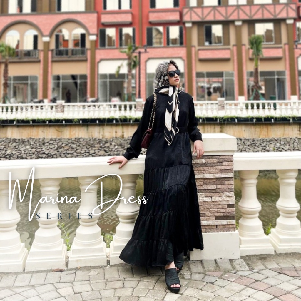 MARINA DRESS BLACK by YUMNAA HIJAB - GAMIS UMBRELLA - GAMIS TERBARU 2022 - GAMIS BELT - GAMIS OBI - 