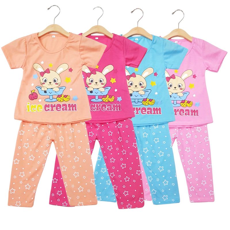 SETELAN SIKUNING PAKAIAN ANAK PEREMPUAN 2-7 TAHUN MOTIF ICE CREAM RABBIT