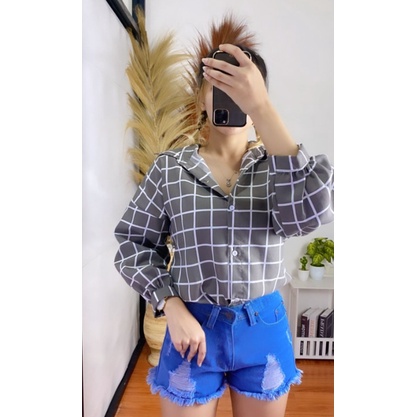 RF FASHION - Kemeja Oversize Oslin Anggita  Kemeja Osaka-ABU GARIS PUTIH