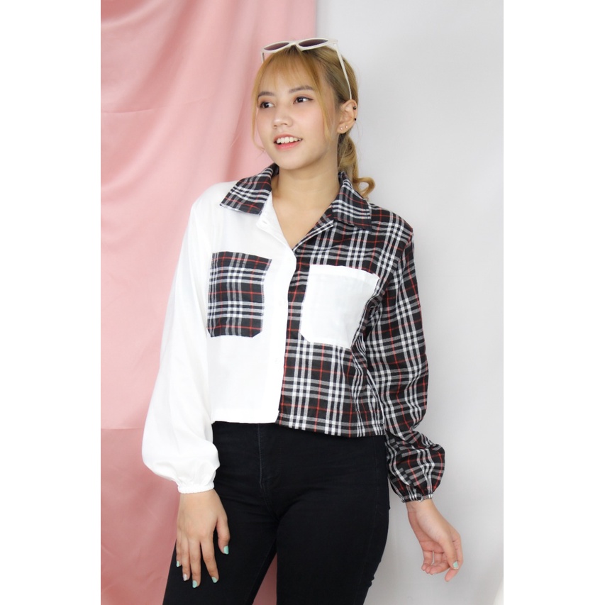 RX Fashion - Mika Crop Top Blouse // Shirt Top Tartan Two Tone // Kemeja Olive ( SPECIAL SALE - GRATIS ONGKIR )  - GA-PUTIH-BB 150 HITAM
