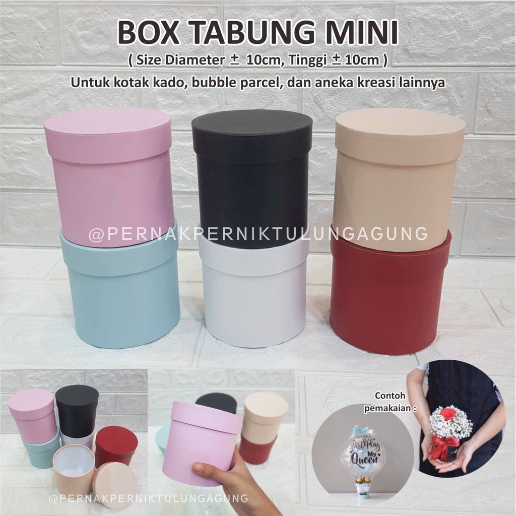 

Box Tabung Mini - Diameter 10cm Tinggi 10cm - Warna Pink, Biru, Hitam, Putih, Krem, Merah maroon - Kotak Kado, Flower Bloom, Bubble Parcel dan Aneka Kreasi Hadiah