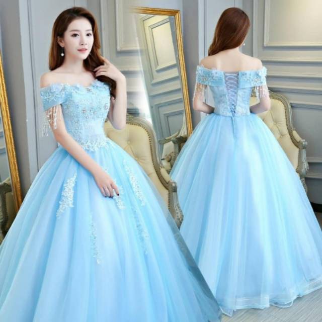 Gaun pengantin gaun pesta/prom/mc/singer dress biru langit turtle shoulders blue ocean