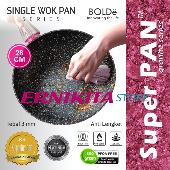 BOLDe WOK PAN 28 CM - Super Pan Wajan Black Pink Granite Coating