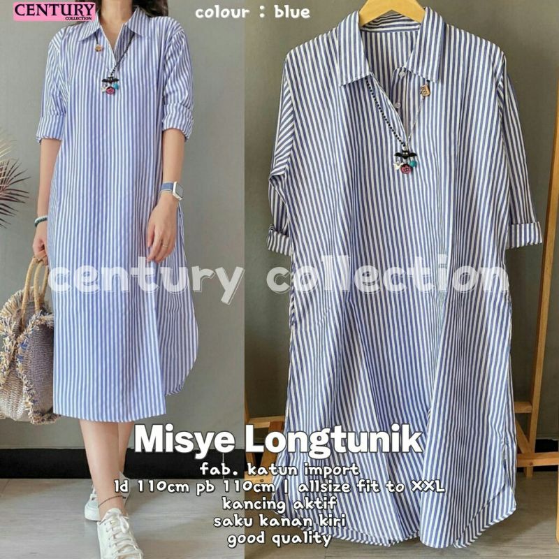 Misye Long tunik blue biru white putih salur Katun import fit to XXL kancing busui LD110 panjang l