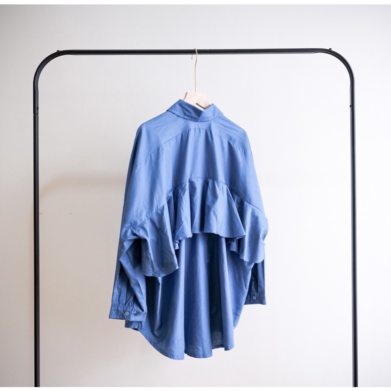 SEYHA - NINY KEMEJA REMPLE BLOUSE WANITA SHIRT PUTIH KEMEJA Lengan Panjang-Blue