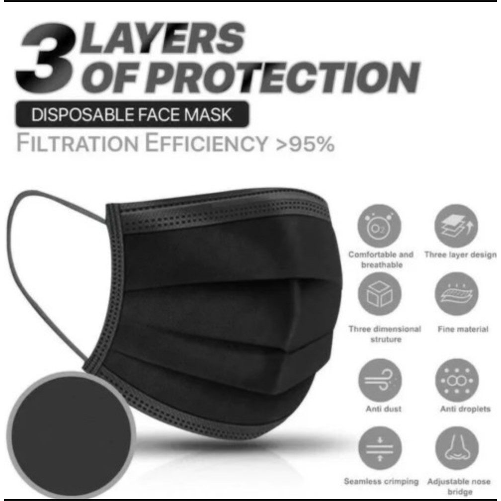 MASKER KESEHATAN 3 PLY IZIN BNPB EARLOOP FACE MASK BLACK HITAM 50 PCS DISPOSABLE ANTI BAKTERI