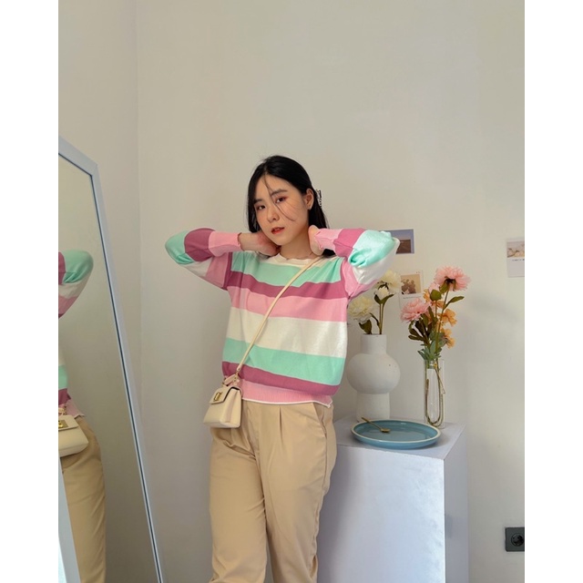 KANON - Arata Multi-Colored Sweater - Sweater oversize rajut motif strip korean look