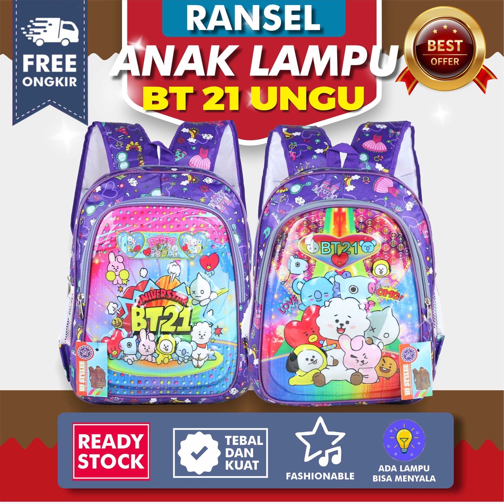 Tas Sekolah Anak Perempuan TK Lampu BT-21 Ungu Paud  Gambar Kartun Karakter Terbaru Lucu Premium SD SMP Mini Murah BT21 Motif Karakter Berkualitas