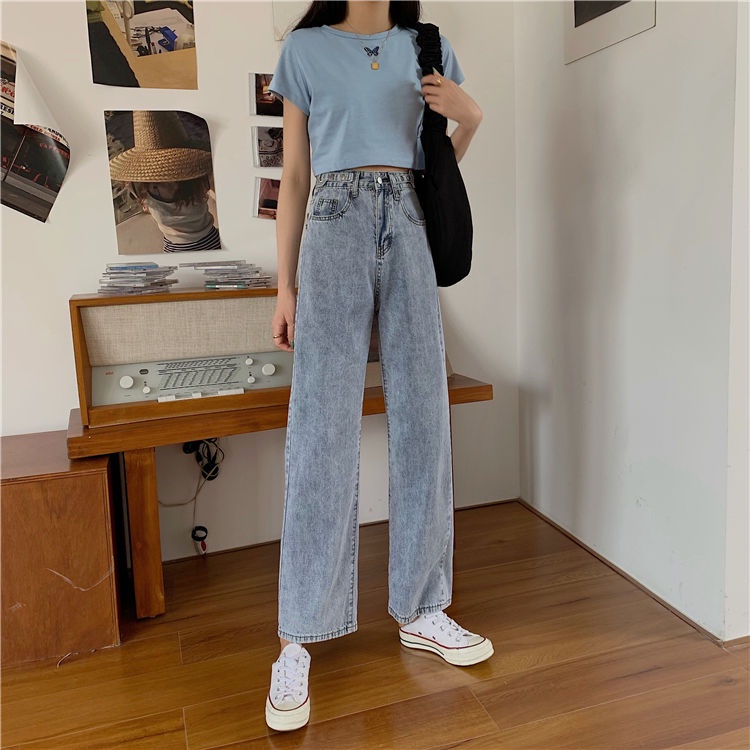 Celana panjang wanita baru slim-fit high-waist straight-leg wide-leg jeans