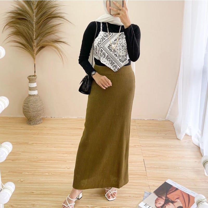 Rok Rajut Span / Rok Span Knit / Rok Panjang / Long Knit Skirt / Rok Wanita Kekinian / Celana Panjang Wanita-Bronze