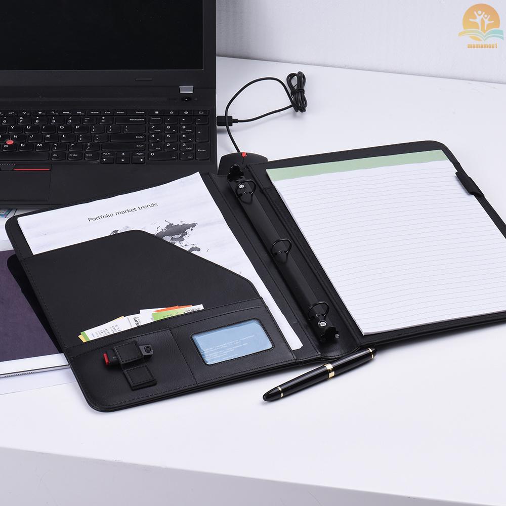 Professional Business Portfolio Padfolio Folder Document Case Organizer A4 PU Leather with Business Card U Flash Disk Holder Memo Note Pad Loose-leaf Loop